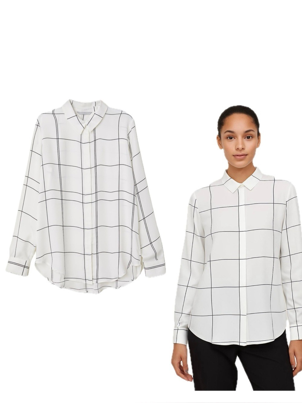 H&M Women’s White Black Windowpane Check Button-Down Blouse Sz 10 classic